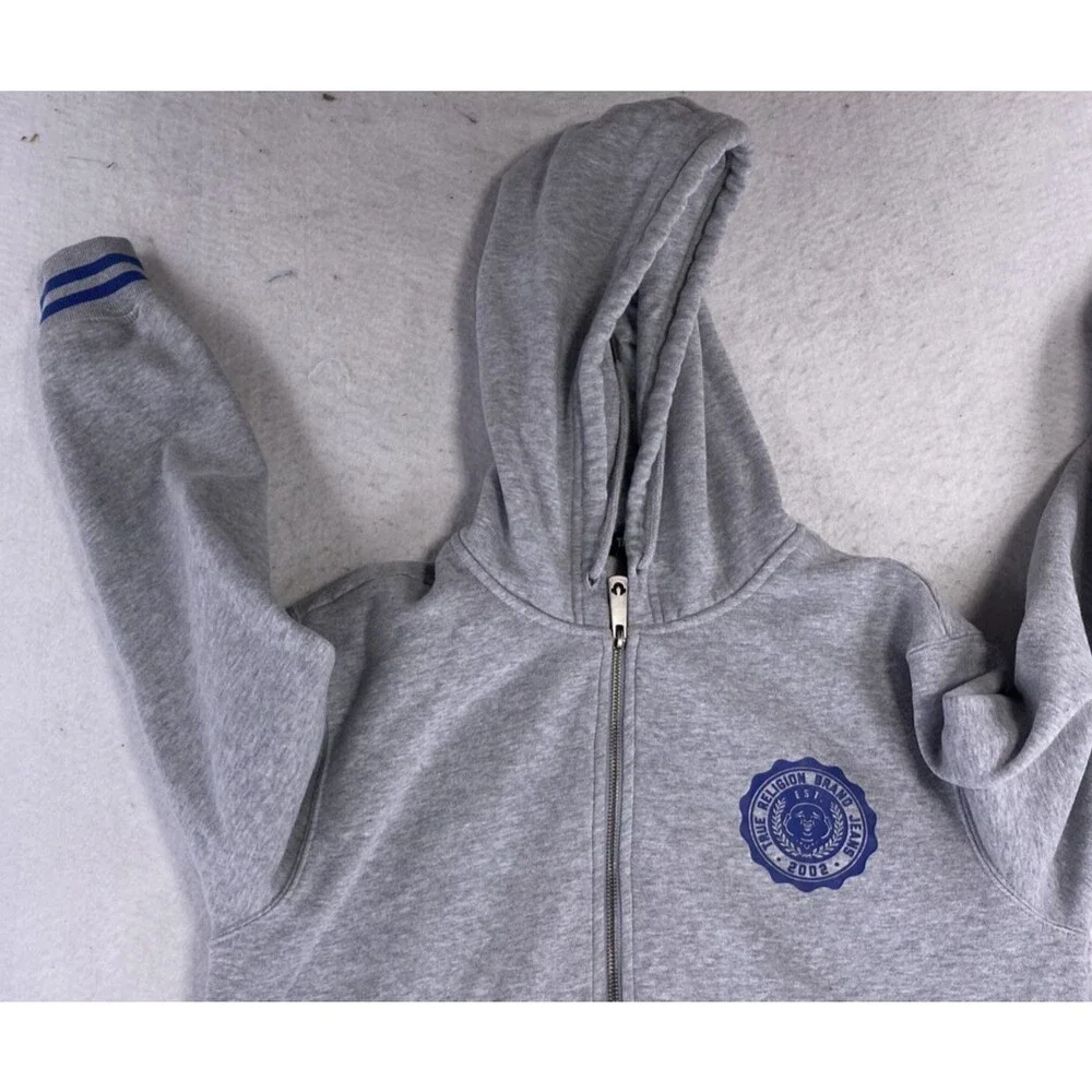 True Religion Men Hoodie Zip Up Gray Blue Alumni Buddha Big Horseshoe Fleece Med